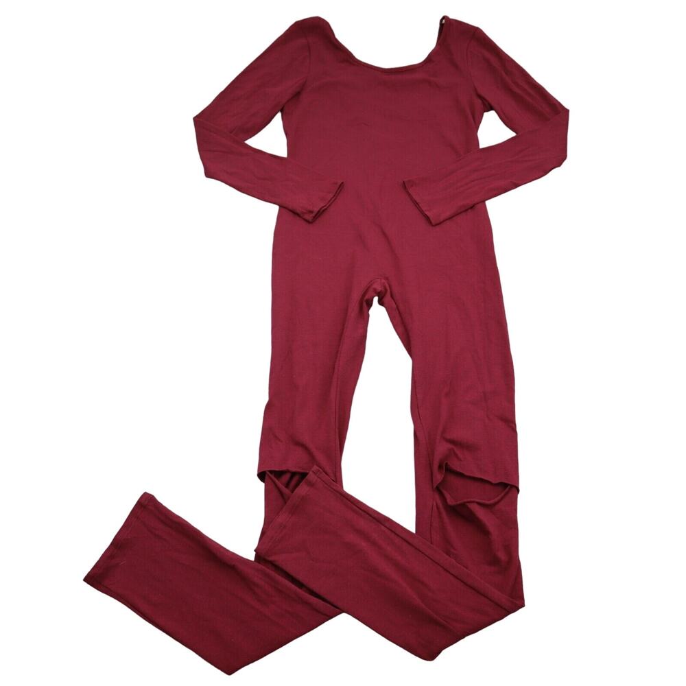Many Many Jumpsuit Womens M Red Plain Long Sleeve Scoop Neck Distressed Knee